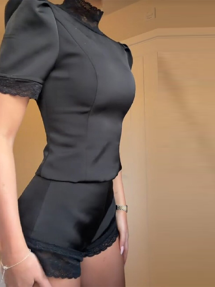 New Satin Lace Edge Top Short  - Shoulder Pad Set In avis et prix